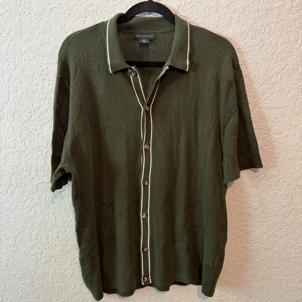 Art of Rhetoric Knit Button Down Polo Large Olive Green Grandadcore Camp Shirt